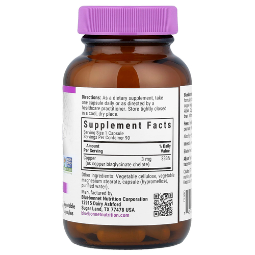 Bluebonnet Nutrition, Медь в хелатной форме, 90 растительных капсул