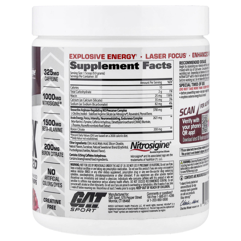GAT, Sport, NITRAFLEX® Advanced, предтренировочный комплекс, со вкусом черешни, 297 г (10,5 унции)