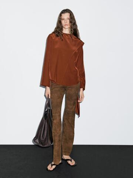 Massimo Dutti Блуза из струящейся ткани с завязками на горловине, терракотовый