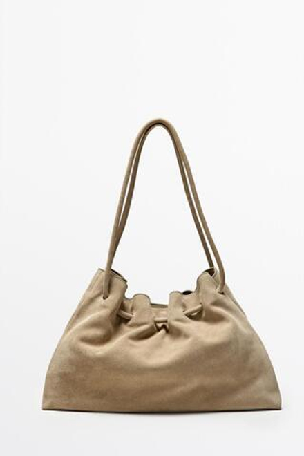 Massimo Dutti Кожаная сумка из замши со сборками, экрю