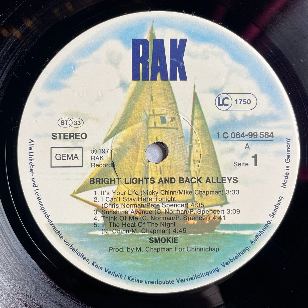 Винтажная виниловая пластинка LP Smokie Bright Lights and Back Alleys (Germany 1977) Needles And Pins