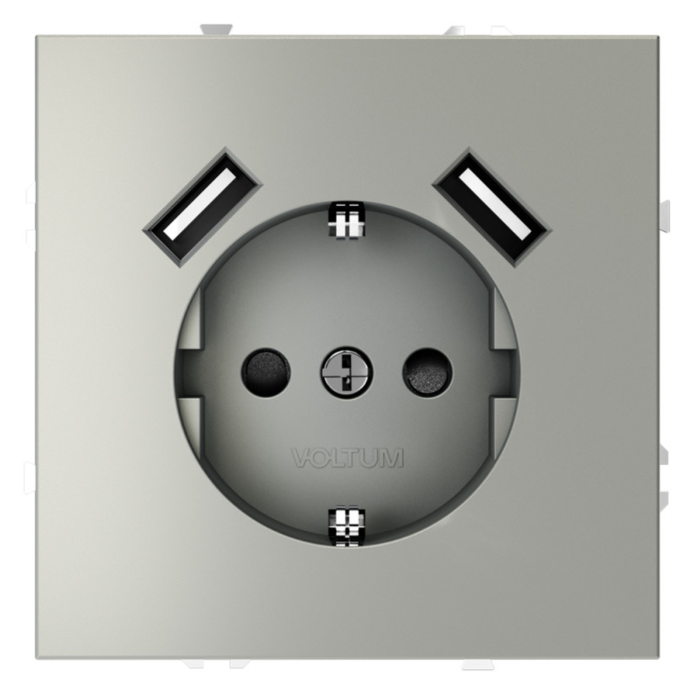 Розетка встраиваемая VOLTUM S70 с заземлением и защитными шторками, 16А, с USB, A+A, (сталь)