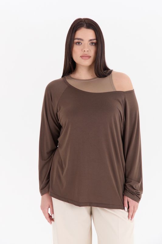 Лонгслив двухслойный на одно плечо, бежево-коричневый