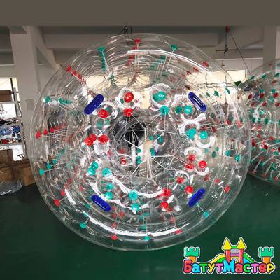 Аттракцион Водный роллер (Гидророллер) «Прозрачный с красно-зелеными держателями» ТПУ, 2.2*2*2 м