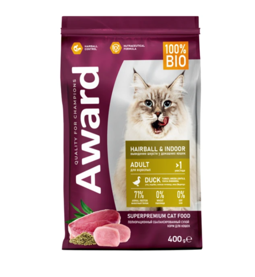 Сухой корм AWARD Hairball & Indoor ДЛЯ ВЗРОСЛЫХ КОШЕК ДЛЯ ВЫВЕДЕНИЯ ШЕРСТИ с уткой и индейкой с добавлением зеленой чечевицы и Юкки Шидигера Сухой корм AWARD Hairball & Indoor ДЛЯ ВЗРОСЛЫХ КОШЕК ДЛЯ ВЫВЕДЕНИЯ ШЕРСТИ с уткой и индейкой с добавлением зеленой чечевицы и Юкки Шидигера
