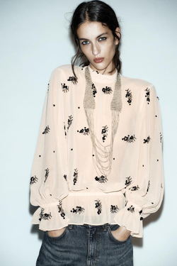 ZARA ПОЛУПРОЗРАЧНАЯ БЛУЗА С ПАЙЕТКАМИ, РАЗНОЦВЕТНЫЙ