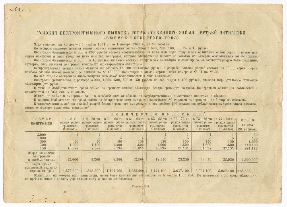 Облигация 50 рублей 1941 год. Заем 3-ей пятилетки. Серия № 109374. № 39. VG
