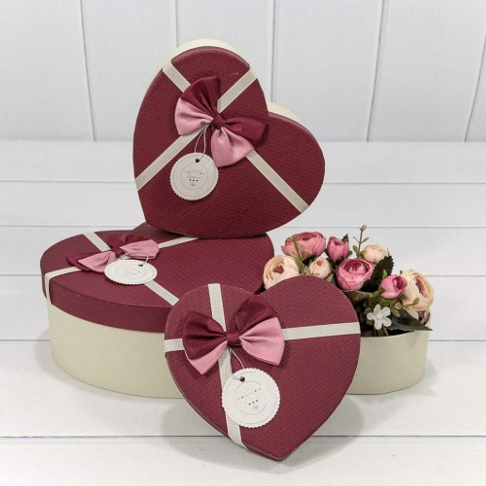 Коробка 22х20х9 см Набор 3 шт "Сердце" с бантом (Микс)