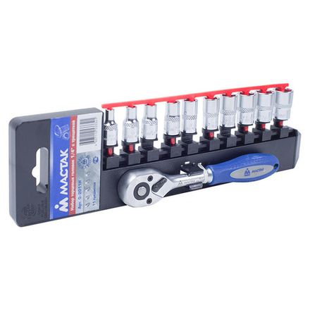 Цена на МАСТАК (0-2011H) Набор торцевых головок с трещоткой 1/4", 6-гранные, 4-13 мм, 11 предметов