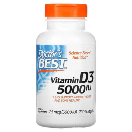 Витамин D Doctor's Best, Витамин D3, 125 мкг (5000 МЕ), 720 мягких желатиновых капсул