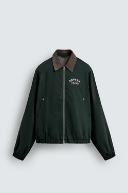 ZARA КУРТКА С КОНТРАСТНЫМ ВОРОТНИКОМ И ВЫШИВКОЙ, ЗЕЛЕНЫЙ