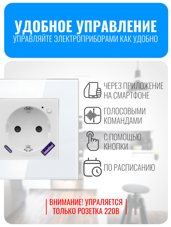 Умная Wi-Fi розетка с зарядным устройством USB и Type-C Smart Aura серия Fusion без рамки