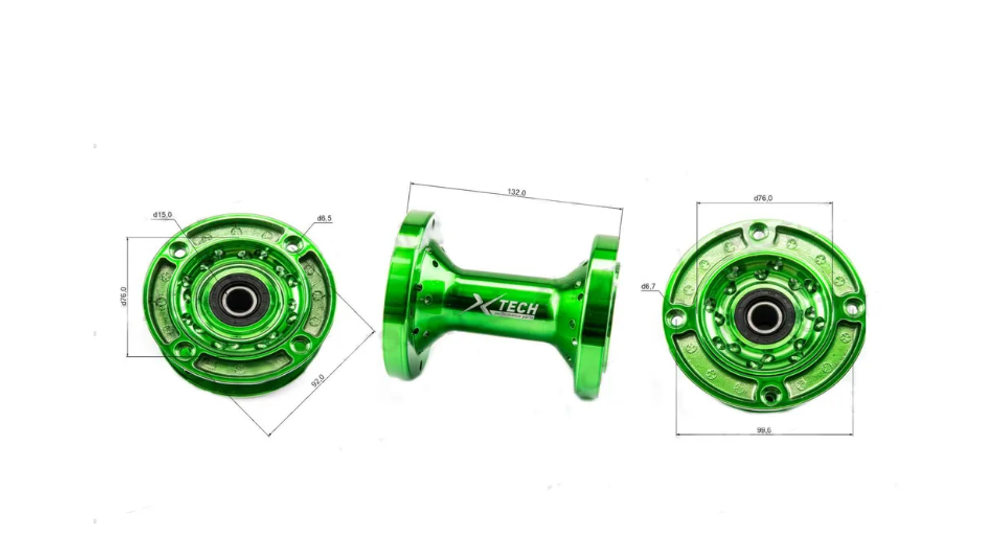 Ступица передняя CNC (R12"/14"/17" d=15mm) зеленая 100x76x4 M6.9
