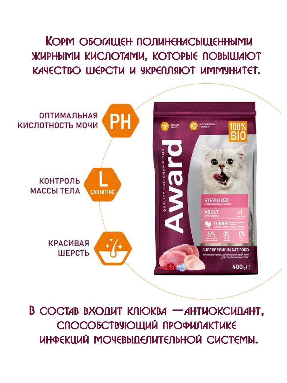 Сухой корм для взрослых стерилизованных кошек. Индейка и курица