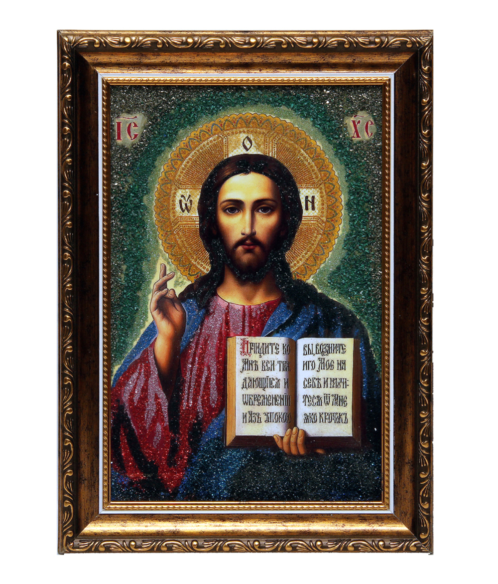 Икона №3 " Спаситель" репродукция с каменной крошкой(малахит,пирит,змеевик) 36-26 см .