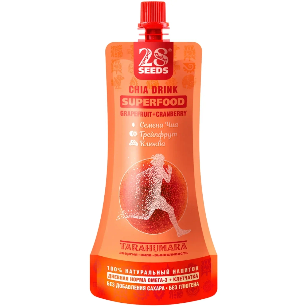 Напиток ЧИА СУПЕРФУД «Грейпфрут + Клюква» 250 мл 28SEEDS — вид спереди упаковки