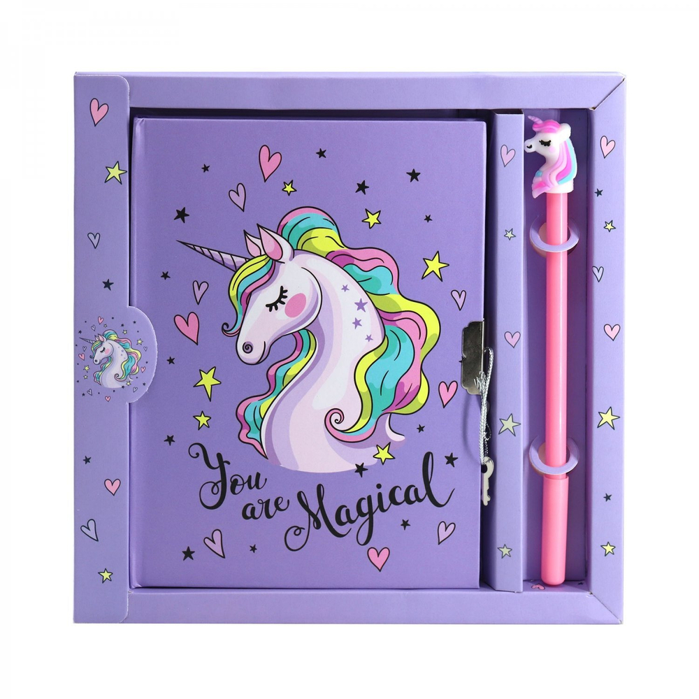 Записная книжка в футляре 20.5 см * 21,0 см , 7БЦ, Alingar, ламинация, замочек, ручка, 50 л., клетка, "Единорожка", сиреневый