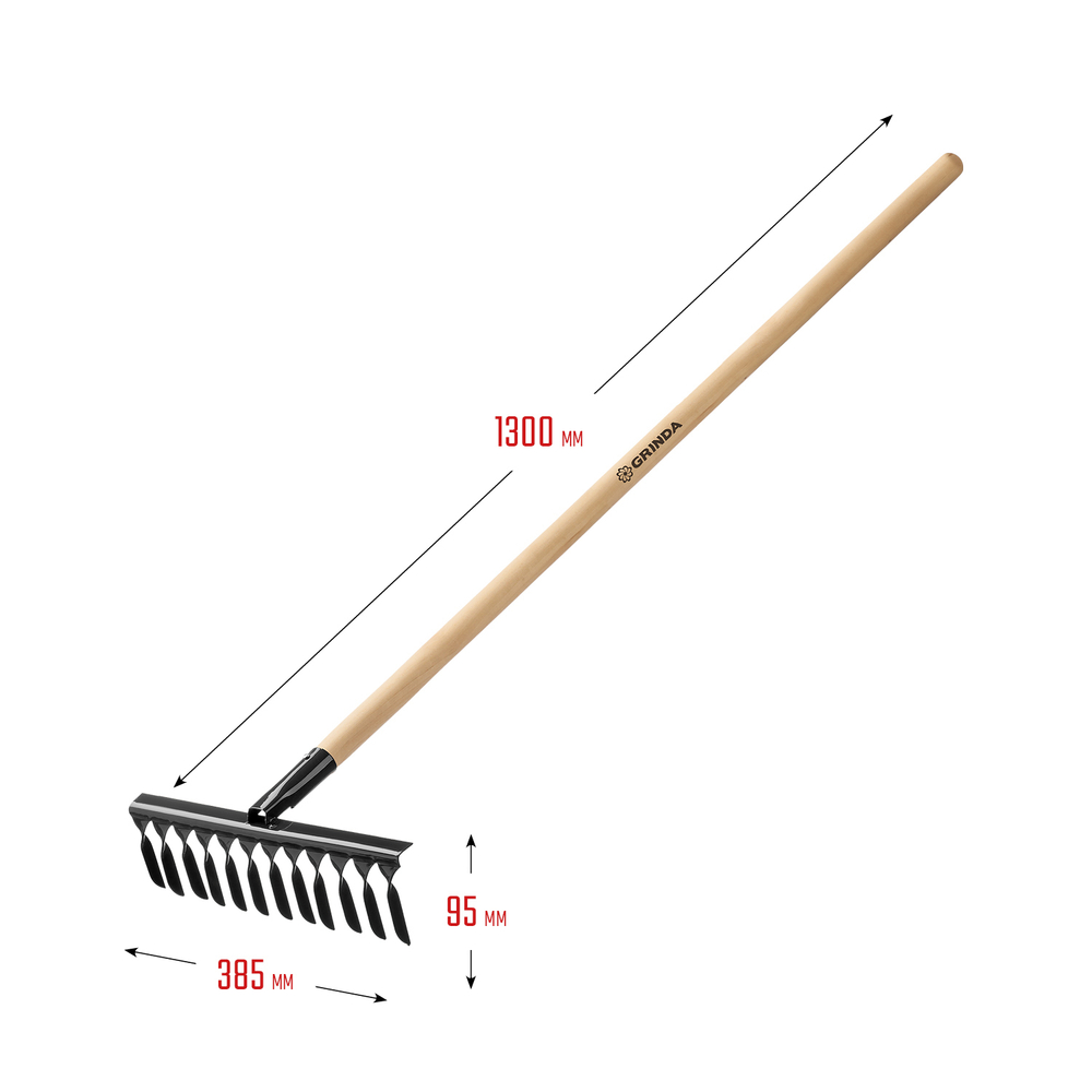 GRINDA  GS-12 WOOD, 12 витых зубцов, размеры 385х95х1300 мм, углеродистая сталь, антикор. покрыт., черенок дерев. высш. сорт, садовые грабли(39581-12)