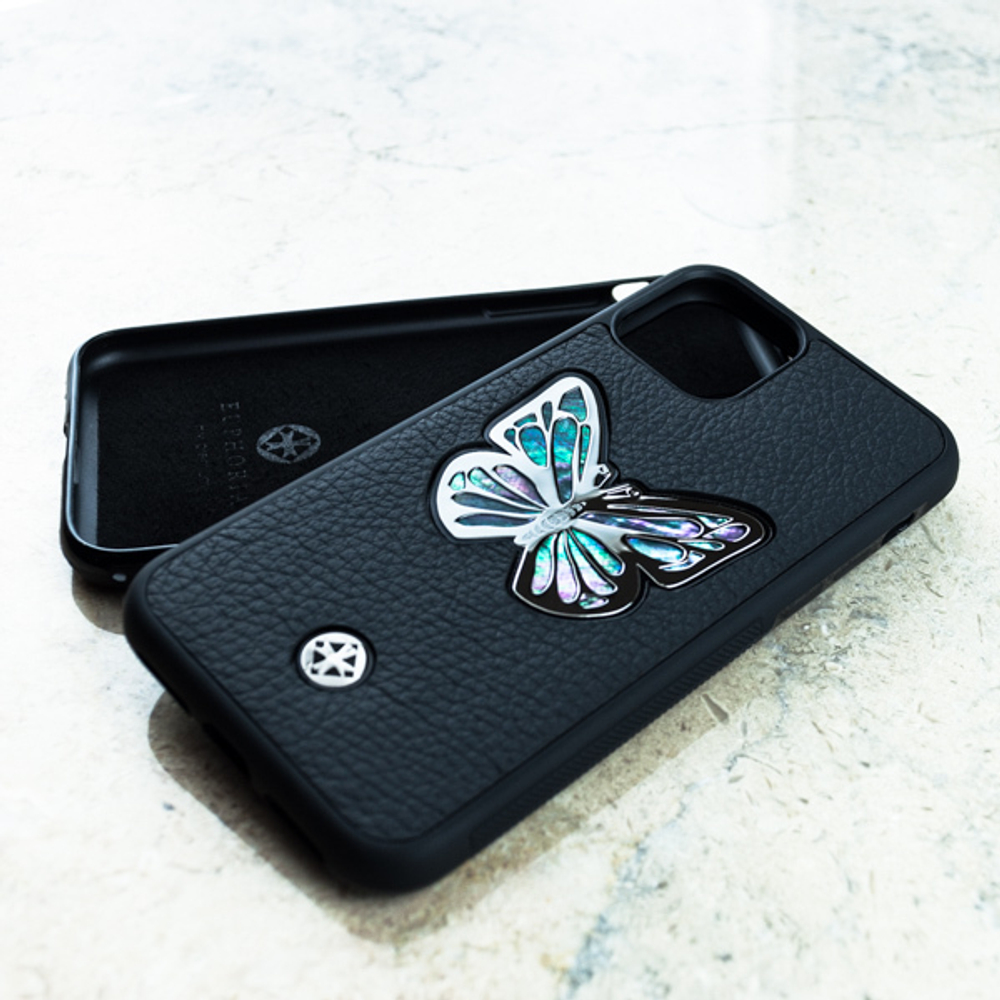 Дорогой чехол для iPhone с бабочкой из перламутра - Euphoria HM Premium - натуральная кожа ювелирный сплав