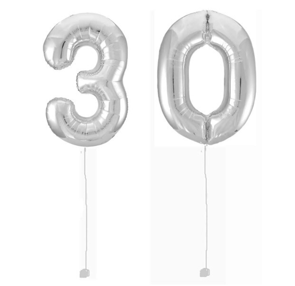 Шар-цифра 30 Серебро Silver 102 см фольга с гелием на грузике