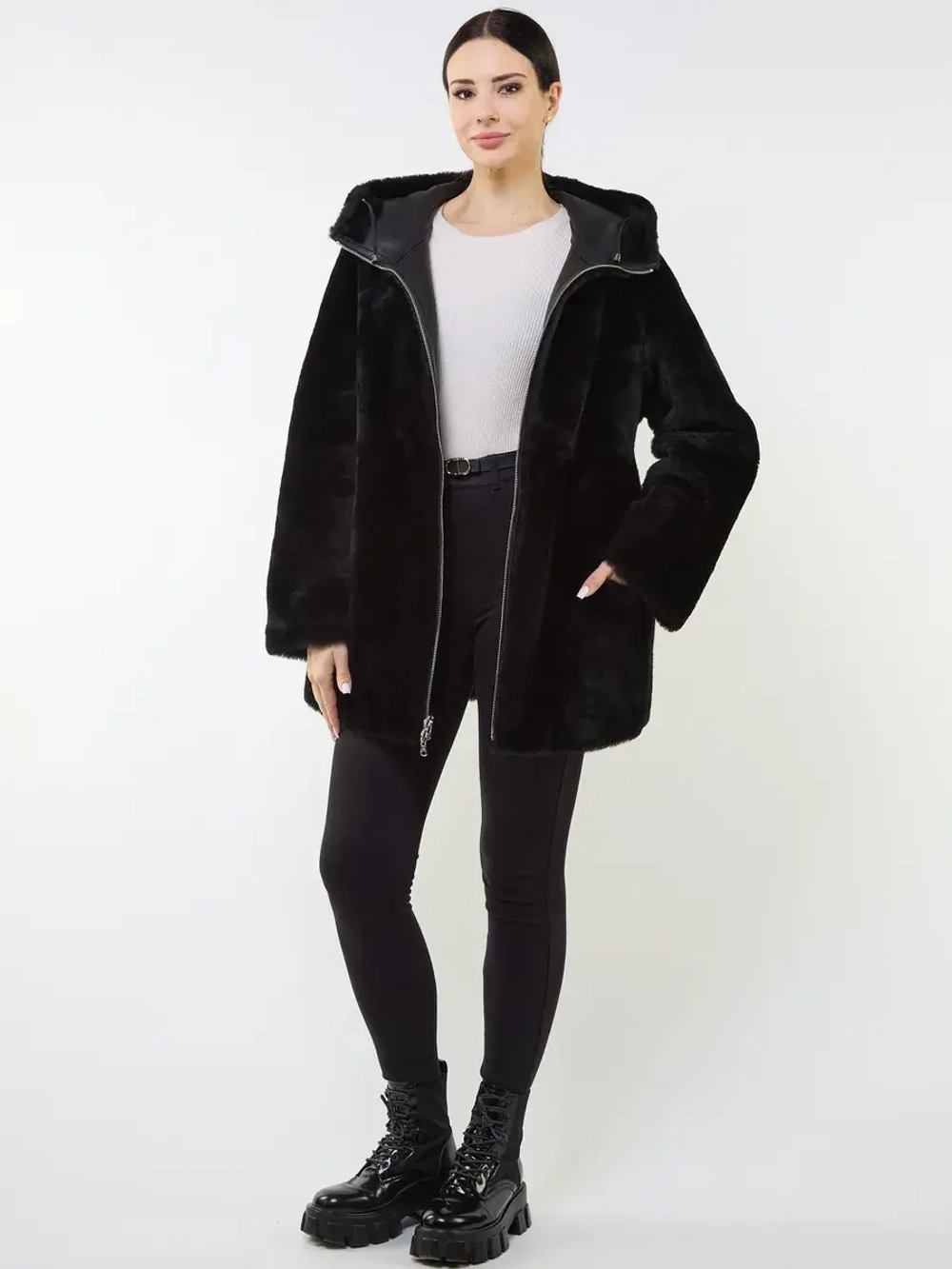 Дубленка зимняя двухсторонняя шуба с капюшоном