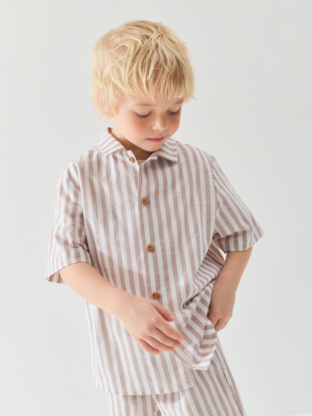 Рубашка хлопковая оверсайз "Полоска Беж" с коротким рукавом