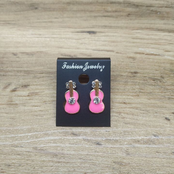 Серьги Small Гитара стразы эмаль цветная цвет розовый красный металл золотистый