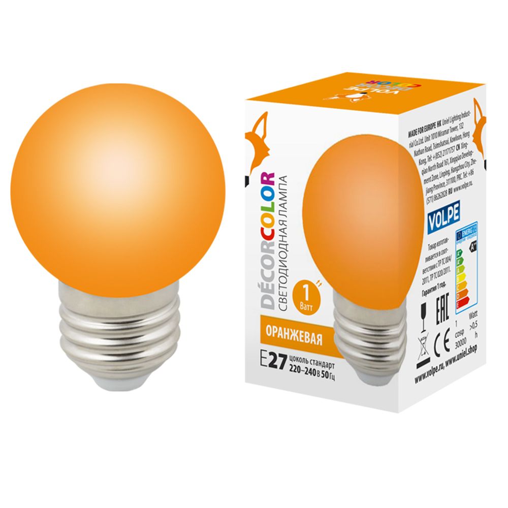 LED-G45-1W/ORANGE/E27/FR/С Лампа декоративная светодиодная. Форма шар, матовая. Цвет оранжевый. Картон. ТМ Volpe.
