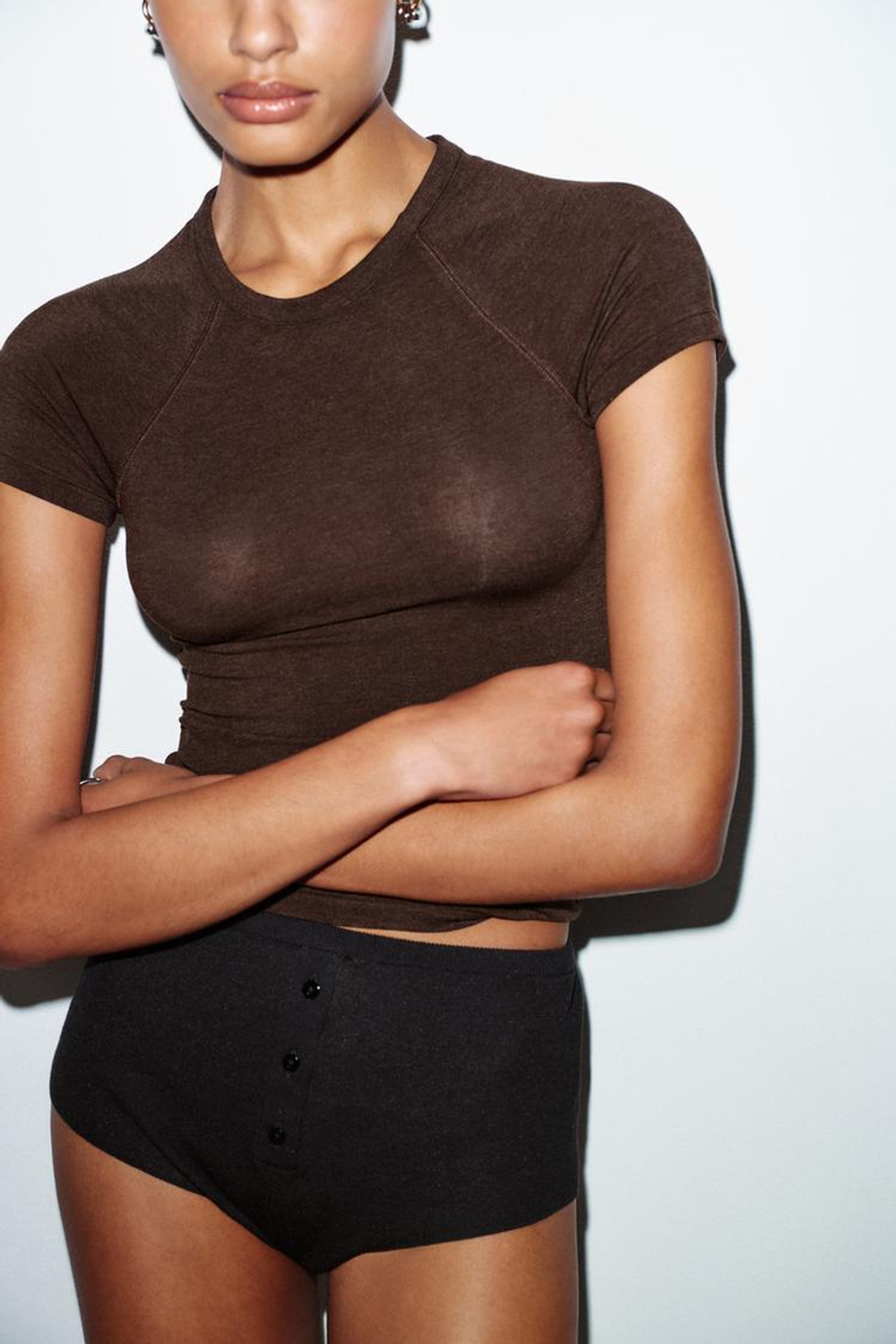 ZARA ФУТБОЛКА С КОРОТКИМИ РУКАВАМИ РЕГЛАН, КОРИЧНЕВЫЙ МЕЛАНЖ