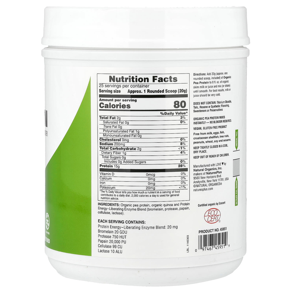 NaturesPlus, гороховый протеин, без добавок, 500 г (1,1 фунта)