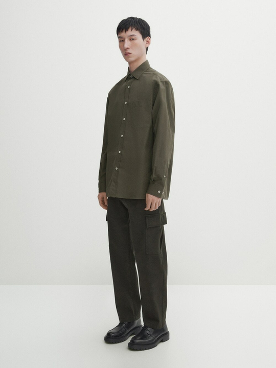 Massimo Dutti Рубашка классического кроя из поплина с карманом,  темный хаки