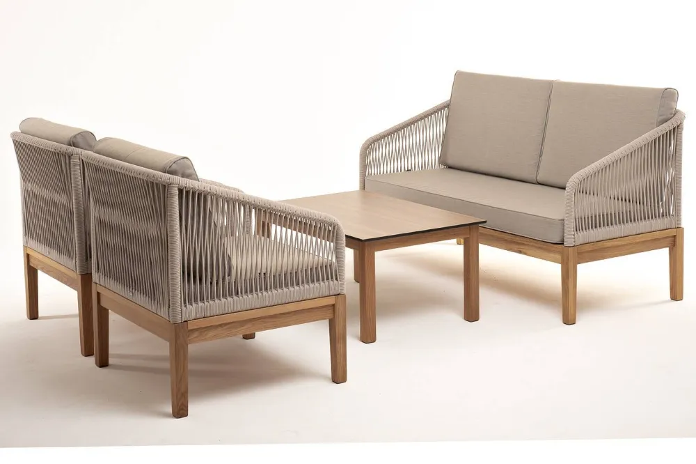 "Канны" лаунж-зона 4-местная из роупа со столиком "Канны" цвета "дуб", основание дуб, роуп бежевый