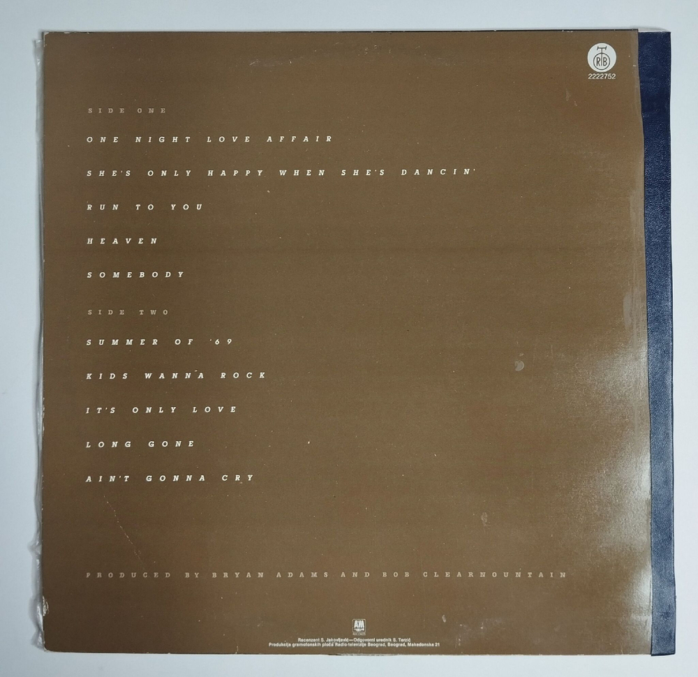 Винтажная виниловая пластинка LP Bryan Adams Reckless (Югославия 1984)