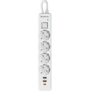 Удлинитель с сетевым фильтром Defender DFS 145, белый, 4розетки, USB+TypeC, 5 м.
