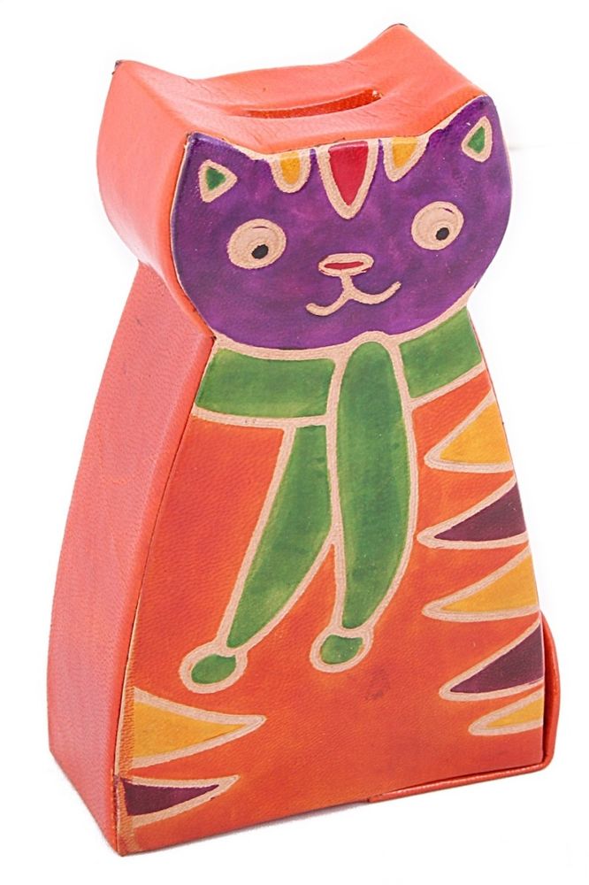 Копилка под мелочь &quot;Кошка&quot;, оранжевыая кошка, фиолетовая голова, натуральная кожа ручной принт