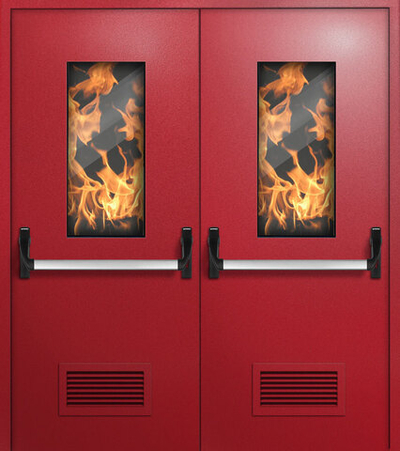 Двупольная противопожарная дверь с антипаникой, вентиляционными решетками и остеклением - 1210