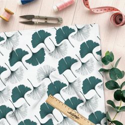 Ткань габардин белые и зеленые листья