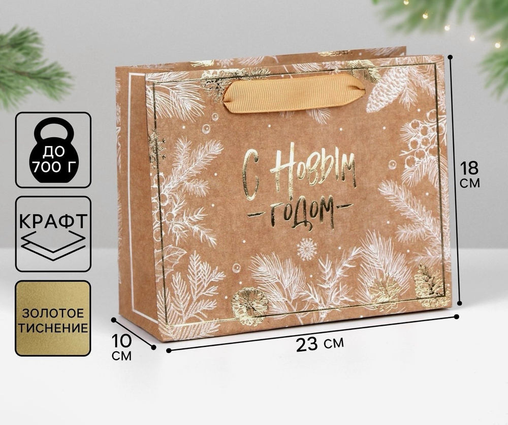 Пакет подарочный новогодний крафтовый «С Новым годом», MS 23×18×10 сми