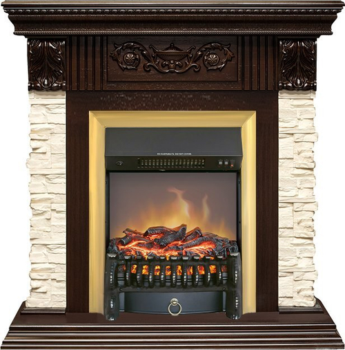 Каминокомплект Luxemburg (каменный) - Сланец/Темный дуб с очагом Fobos FX M Brass