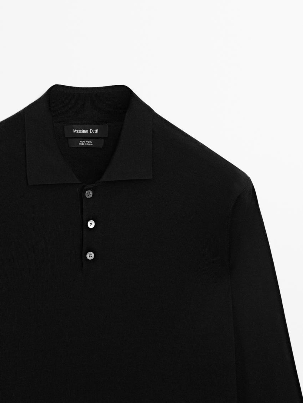 Massimo Dutti Свитер из 100% мериносовой шерсти с воротником поло, черный