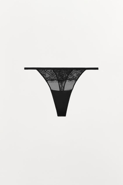 ZARA КРУЖЕВНЫЕ ТРУСЫ-ТАНГА, ЧЕРНЫЙ