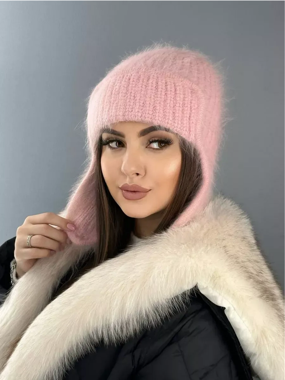 шапка ушанка вязаная зимняя ангора пушистая