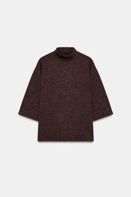 ZARA ФУТБОЛКА ПОЛО С ВОРОТНИКОМ-СТОЙКОЙ, ТЕМНО-КОРИЧНЕВЫЙ