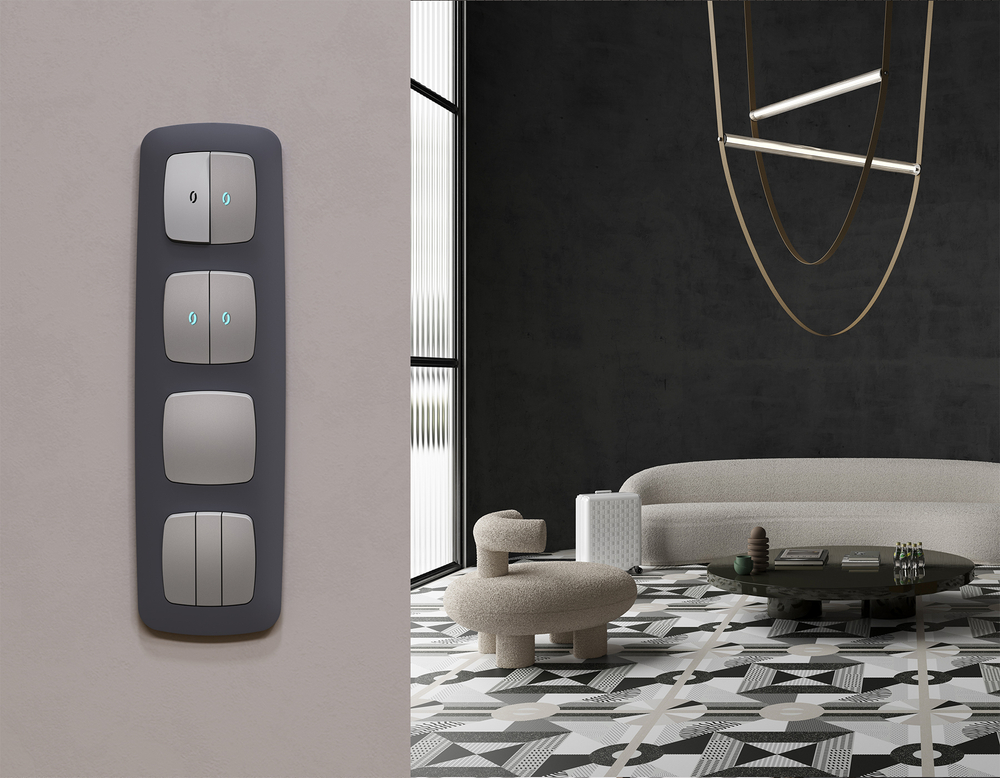 MO504040 Комплект механизма 2-кл проходного выключателя с подсветкой 10000K OMEGA Сталь матовый QUANT (OP5040, VM120, G29B)