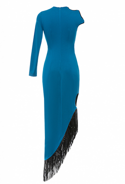 Платье-футляр с одним длинным рукавом синее 03-02-23 SS