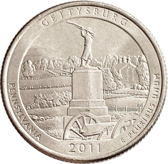 25 центов (1/4 доллара, квотер) 2011 США «Национальный военный парк Геттисберг» (D) (6-й парк)