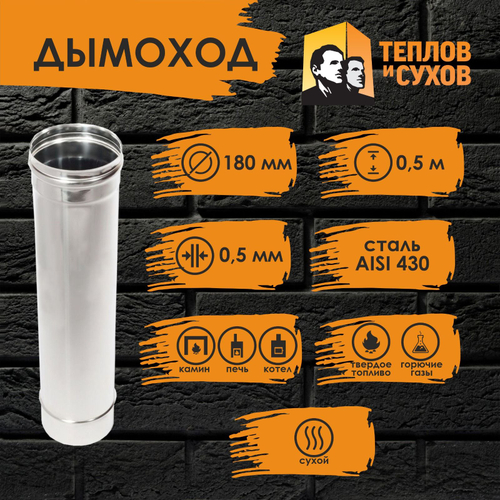 Труба одностенная нержавейка для дымохода 0.5 м (430/ 0,5) Ф180 Теплов и Сухов