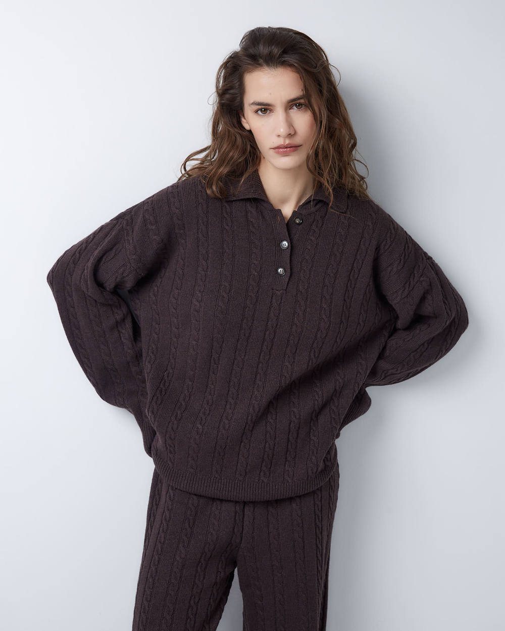 Поло объемного кроя из смесового кашемира шоколадный