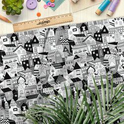 Ткань кулирная гладь чёрно-белые резные дома