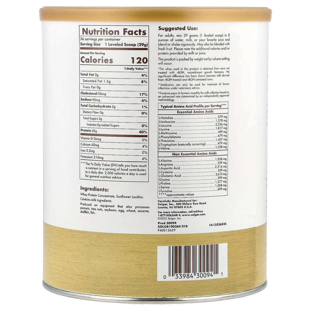 Solgar, Grass Fed, протеиновый порошок Whey To Go®, без добавок, 2,3 фунта (1044 г)